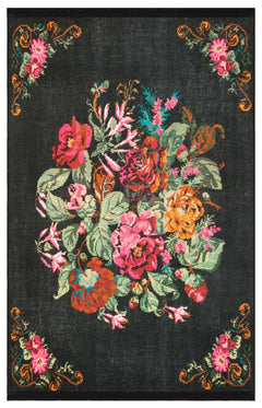 Modern Digital Print Rug – Black Fringed Cotton Area Rug With Woven Base