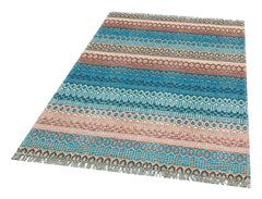 Blue Striped Cotton Rug - Washable Non Slip Area Rug With Fringed Edges