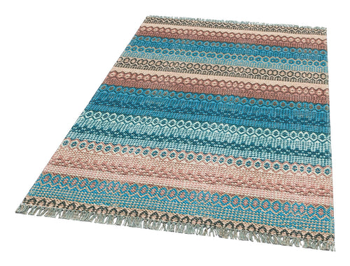 Blue Striped Cotton Rug - Washable Non Slip Area Rug With Fringed Edges