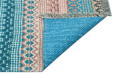 Blue Striped Cotton Rug - Washable Non Slip Area Rug With Fringed Edges