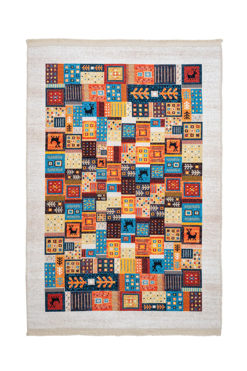 Patchwork Area Rug – White Cotton Chenille Digital Print Carpet for Living Room