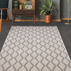Grey Geometric Area Rug – Machine Made Polyester Rug with Durable Loop Pile