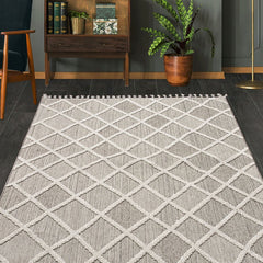 Grey Geometric Area Rug - Machine Made Polyester Rug with Durable Loop Pile