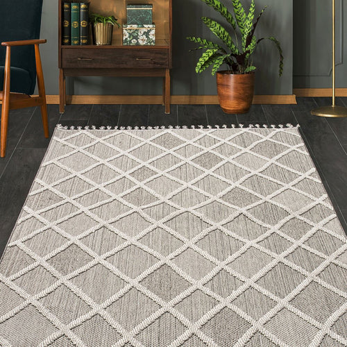 Grey Geometric Area Rug - Machine Made Polyester Rug with Durable Loop Pile