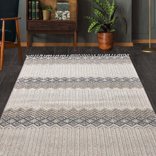 Machine Made Area Rug – Grey Geometric Polyester Carpet With Durable Loop Pile