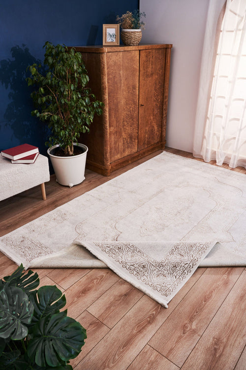 Machine Made Area Rug – Beige Classic Cotton Yarn Carpet for Living Room