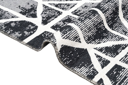 Geometric Area Rug - Black Grey Cotton Chenille Digital Print Carpet for Living Room