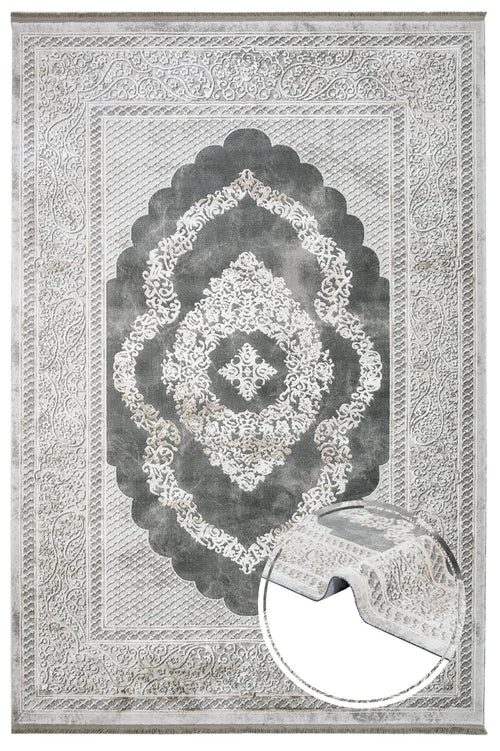 Grey Area Rug – Classic Machine Made Rug with Fringed Edge, Durable Acrylic Carpet