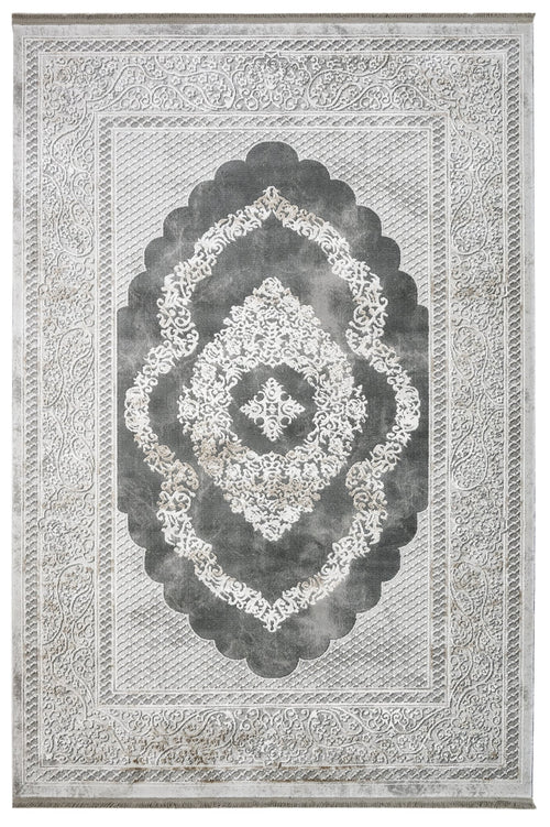 Grey Area Rug – Classic Machine Made Rug with Fringed Edge, Durable Acrylic Carpet