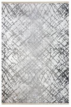 Grey Geometric Area Rug - Machine Made Durable Acrylic Carpet With Fringed Edges