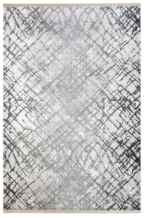 Grey Geometric Area Rug - Machine Made Durable Acrylic Carpet With Fringed Edges