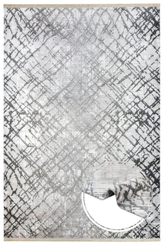 Grey Geometric Area Rug - Machine Made Durable Acrylic Carpet With Fringed Edges