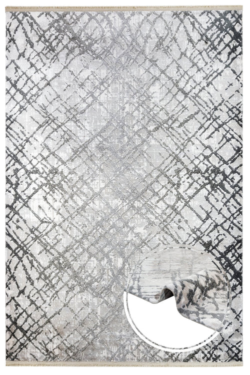 Grey Geometric Area Rug - Machine Made Durable Acrylic Carpet With Fringed Edges