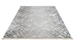 Grey Geometric Area Rug - Machine Made Durable Acrylic Carpet With Fringed Edges