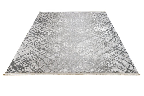 Grey Geometric Area Rug - Machine Made Durable Acrylic Carpet With Fringed Edges