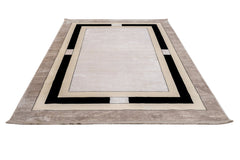 Viscose Area Rug - Machine Made Beige Frame Carpet With Fringed Edges