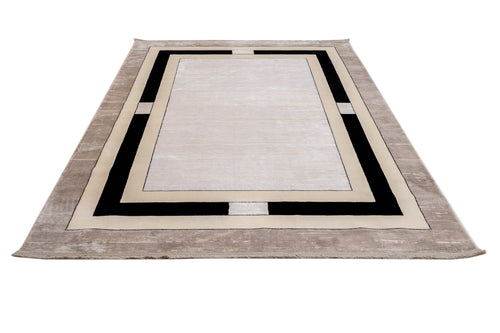 Viscose Area Rug - Machine Made Beige Frame Carpet With Fringed Edges