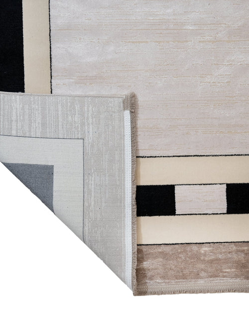 Viscose Area Rug - Machine Made Beige Frame Carpet With Fringed Edges