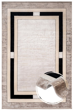 Viscose Area Rug - Machine Made Beige Frame Carpet With Fringed Edges