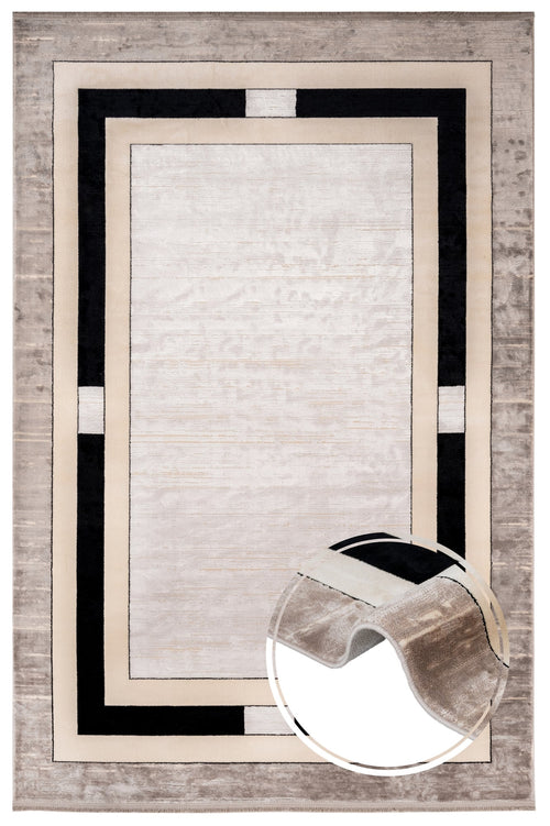 Viscose Area Rug - Machine Made Beige Frame Carpet With Fringed Edges