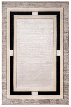 Viscose Area Rug - Machine Made Beige Frame Carpet With Fringed Edges