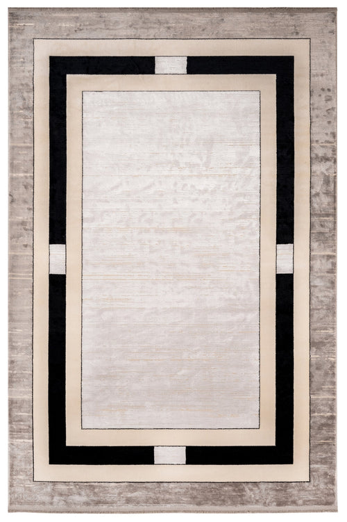 Viscose Area Rug - Machine Made Beige Frame Carpet With Fringed Edges