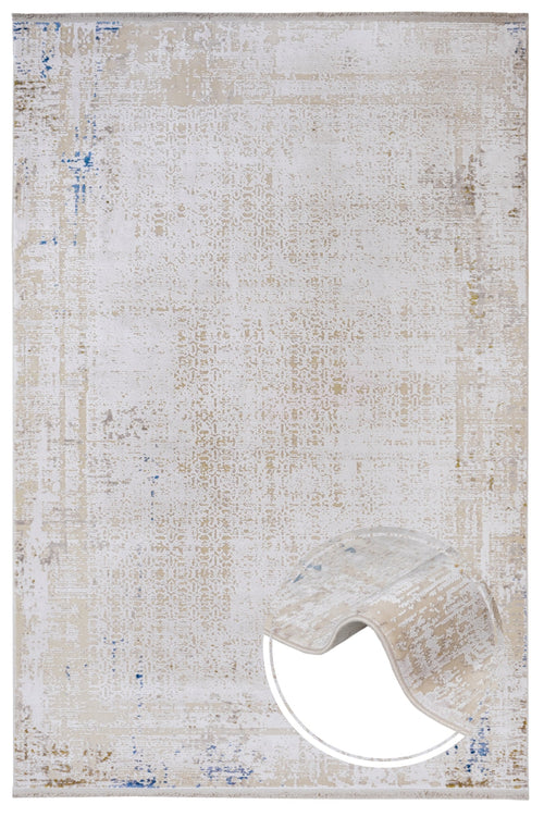 Modern Viscose Area Rug – Cream Machine Made Rug with Fringed Edge