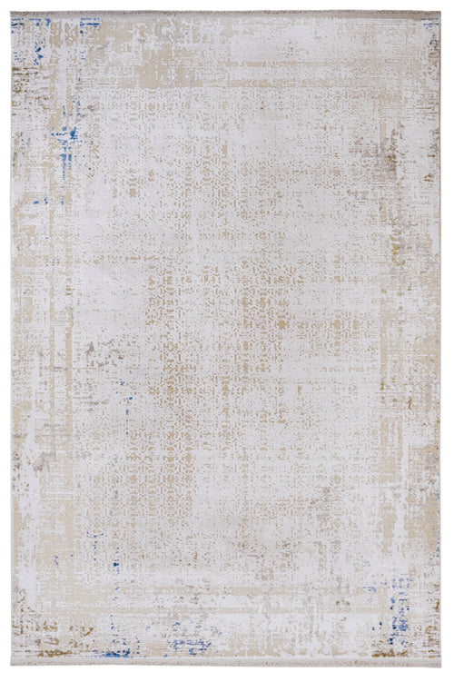 Modern Viscose Area Rug – Cream Machine Made Rug with Fringed Edge