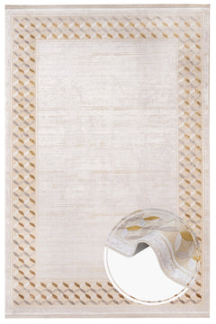 Viscose Area Rug – Machine Made Cream Frame Carpet With Fringed Edges