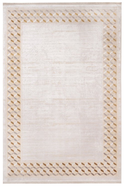 Viscose Area Rug – Machine Made Cream Frame Carpet With Fringed Edges