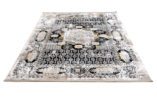 Vintage Viscose Area Rug – Black Machine Made Rug with Fringed Edge Carpet