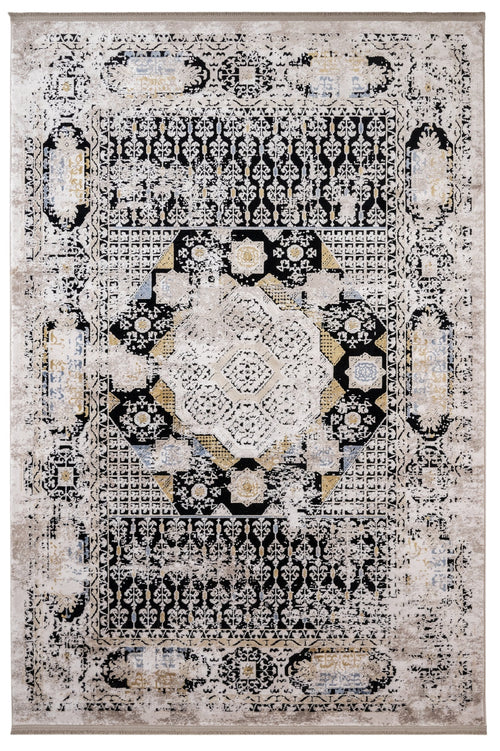 Vintage Viscose Area Rug – Black Machine Made Rug with Fringed Edge Carpet