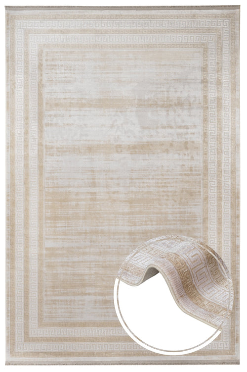 Viscose Area Rug – Machine Made Cream Frame Carpet With Floral Pattern