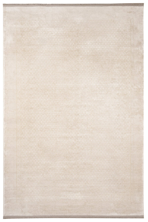 Viscose Area Rug – Machine Made Cream Frame Carpet With Fringed Edges