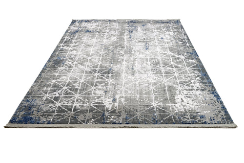 Geometric Area Rug | Machine Made Rug with Fringed Edge - Blue Acrylic Carpet