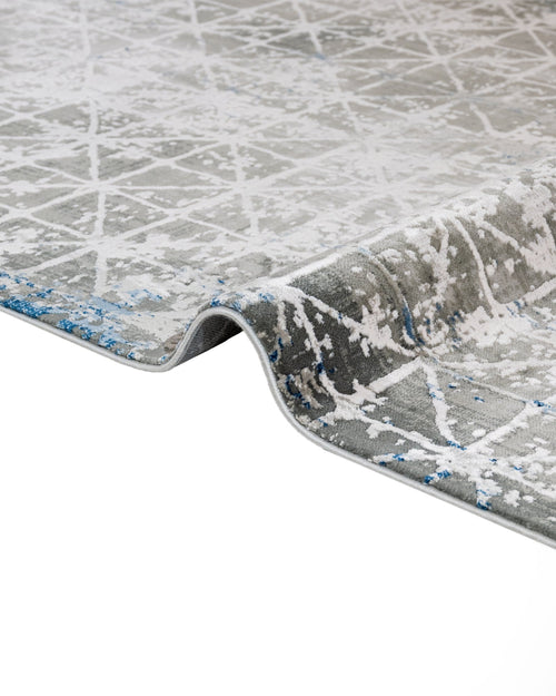 Geometric Area Rug | Machine Made Rug with Fringed Edge - Blue Acrylic Carpet