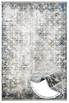 Geometric Area Rug | Machine Made Rug with Fringed Edge - Blue Acrylic Carpet