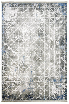 Geometric Area Rug | Machine Made Rug with Fringed Edge - Blue Acrylic Carpet