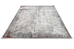 Geometric Area Rug – Machine Made Burgundy Grey Acrylic Rug with Fringed Edge