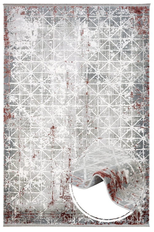 Geometric Area Rug – Machine Made Burgundy Grey Acrylic Rug with Fringed Edge