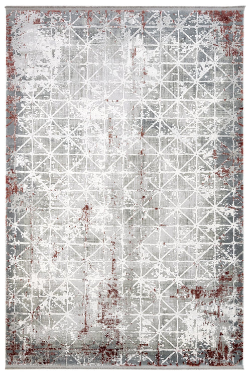 Geometric Area Rug – Machine Made Burgundy Grey Acrylic Rug with Fringed Edge
