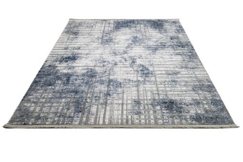 Modern Area Rug – Machine Made Blue Acrylic Floor Rug with Fringed Edges