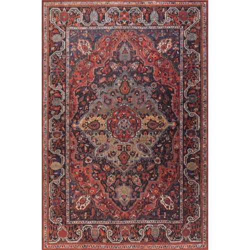 Digital Print Area Rug - Washable Non Slip Red Medallion Cotton Carpet for Living Room