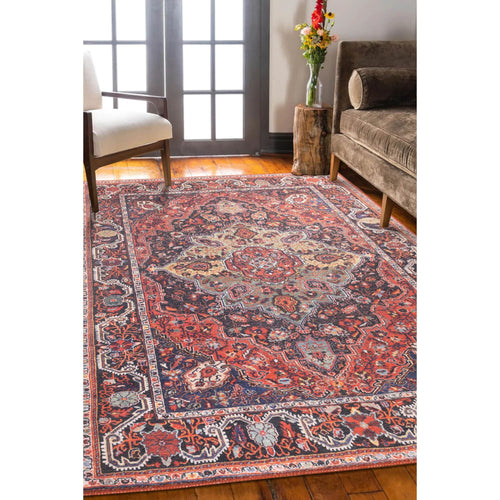 Digital Print Area Rug - Washable Non Slip Red Medallion Cotton Carpet for Living Room