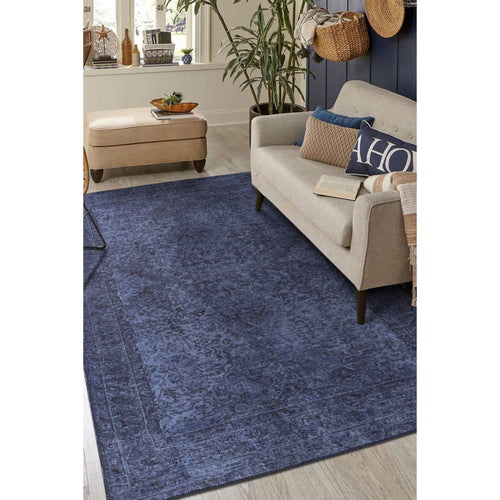 Vintage Cotton Area Rug – Washable Non Slip Navy Blue Soft Microfiber Carpet