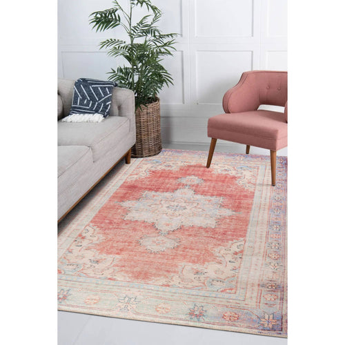 Digital Print Area Rug – Washable Non Slip Orange Medallion Cotton Carpet