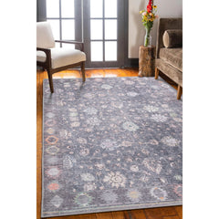 Grey Floral Area Rug – Washable Non Slip Cotton Carpet | Soft Microfiber, Dust Resistant