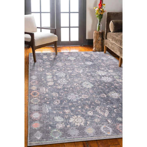 Grey Floral Area Rug – Washable Non Slip Cotton Carpet | Soft Microfiber, Dust Resistant