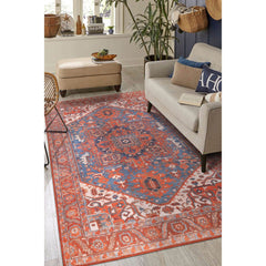Digital Print Area Rug – Washable Non Slip Orange Medallion Cotton Carpet