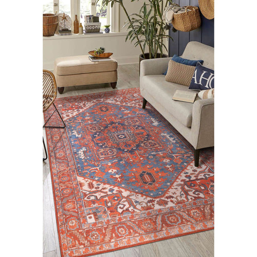Digital Print Area Rug – Washable Non Slip Orange Medallion Cotton Carpet